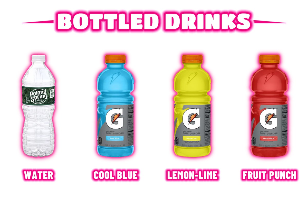 Bottled drinks: Poland Spring water and Gatorade in Cool Blue, Lemon-Lime and Fruit Punch