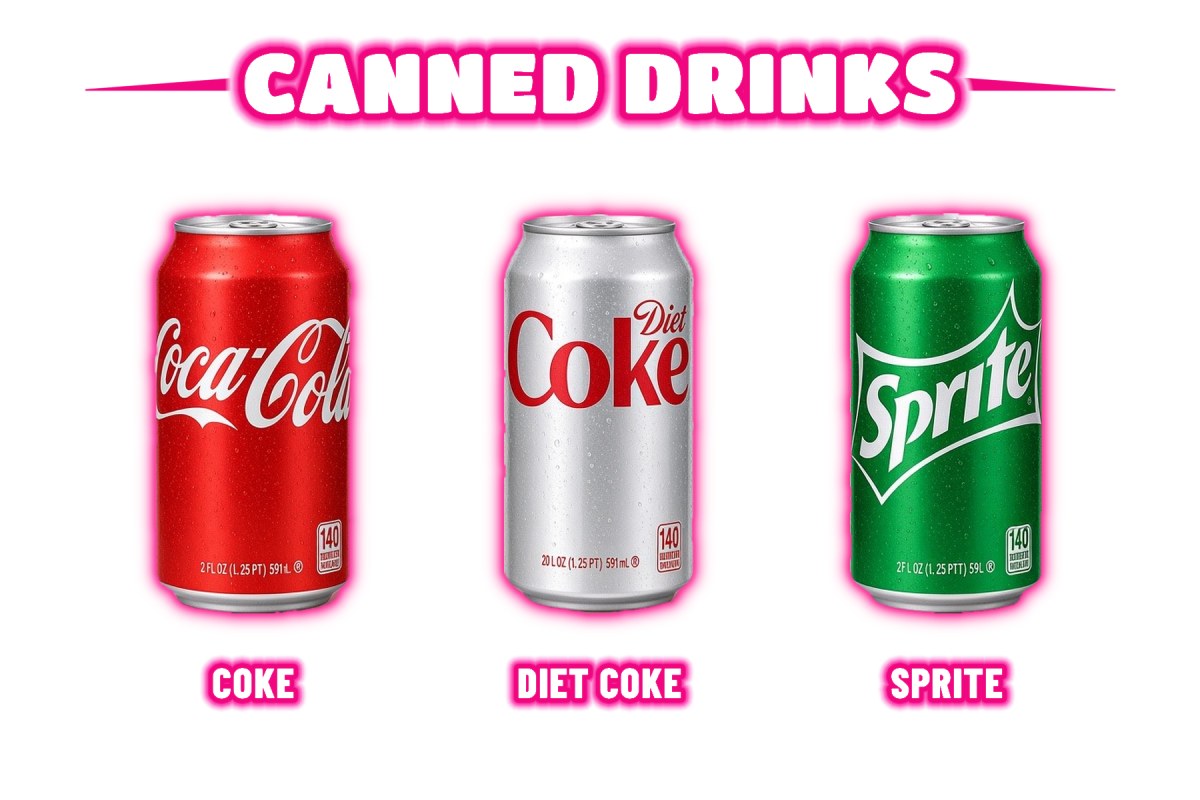 Canned drinks: Coke, Diet Coke and Sprite