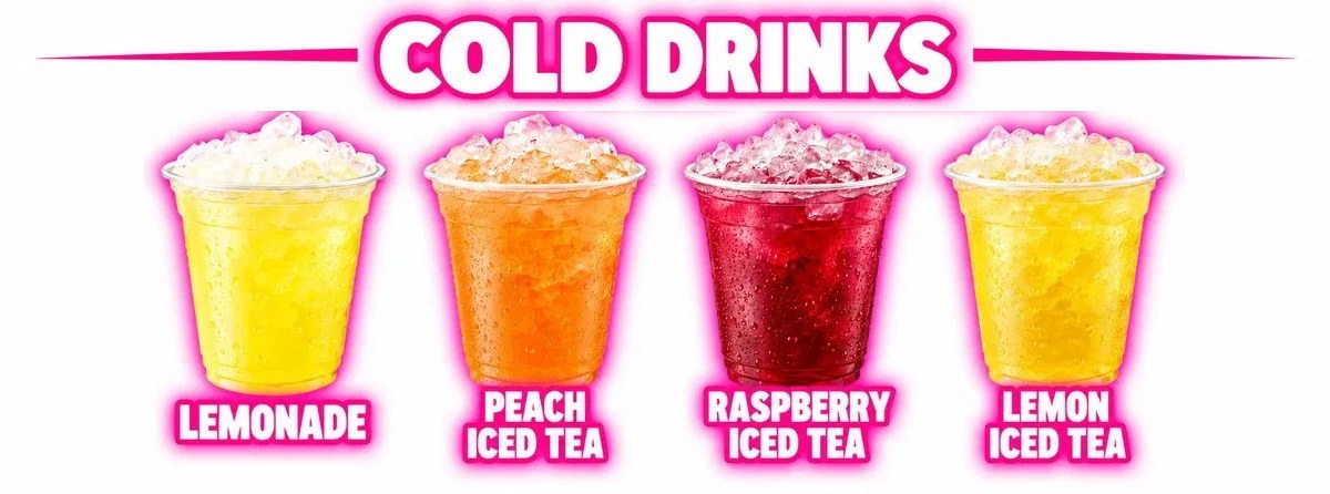 Cold drinks: lemonade, peach iced tea, raspberry iced tea and lemon iced tea