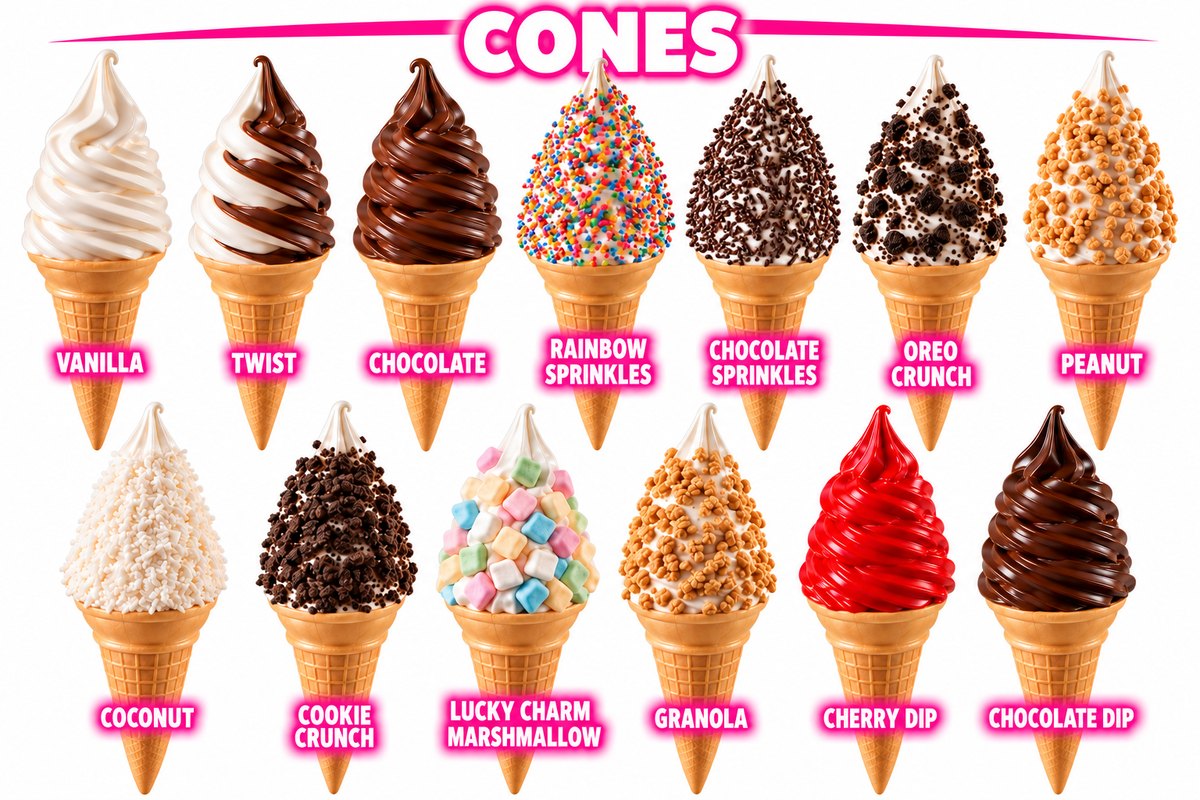 Thirteen soft serve cones: vanilla, twist, chocolate, rainbow sprinkles, chocolate sprinkles, Oreo crunch, peanut, coconut, cookie crunch, Lucky Charms marshmallow, granola, cherry dip and chocolate dip