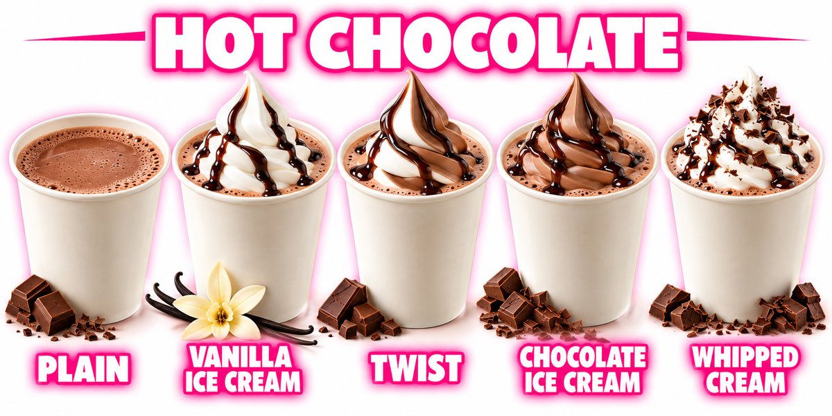 Hot chocolate: plain, with vanilla ice cream, twist, chocolate ice cream or whipped cream