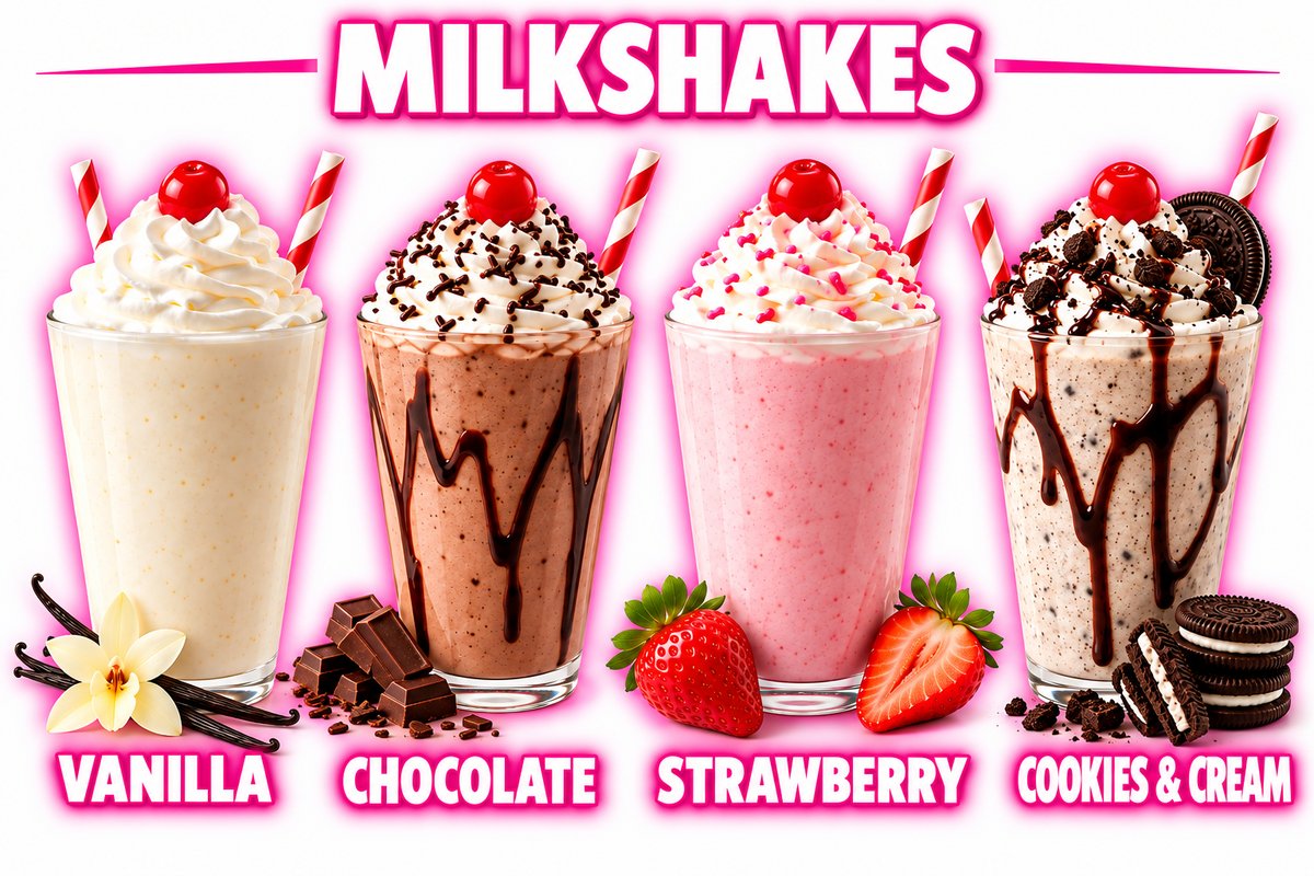 Milkshakes in vanilla, chocolate, strawberry and Oreo cookies and cream, topped with whipped cream and a cherry