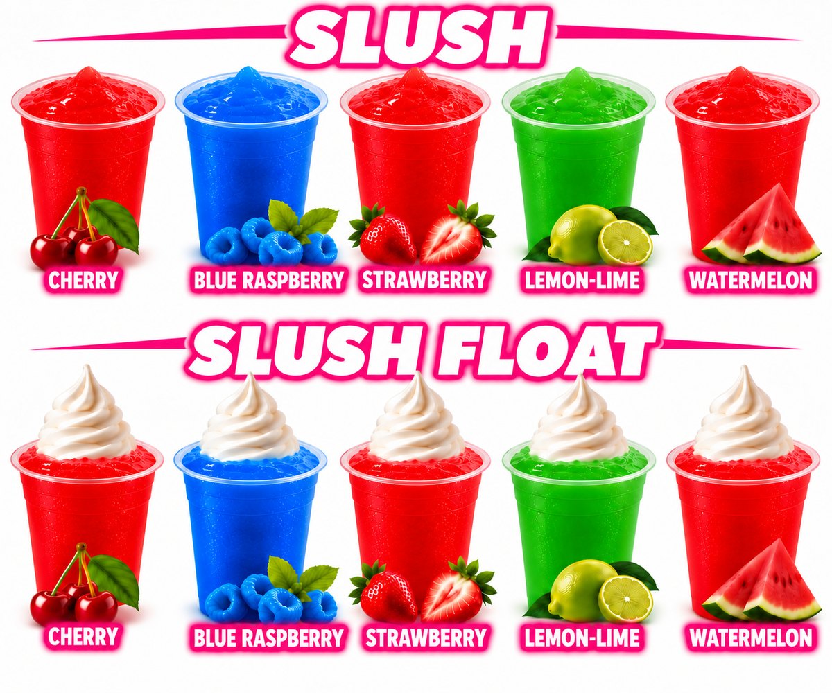 Slush in five flavors: strawberry, blue raspberry, cherry, lemon-lime and watermelon, plus slush floats topped with soft serve