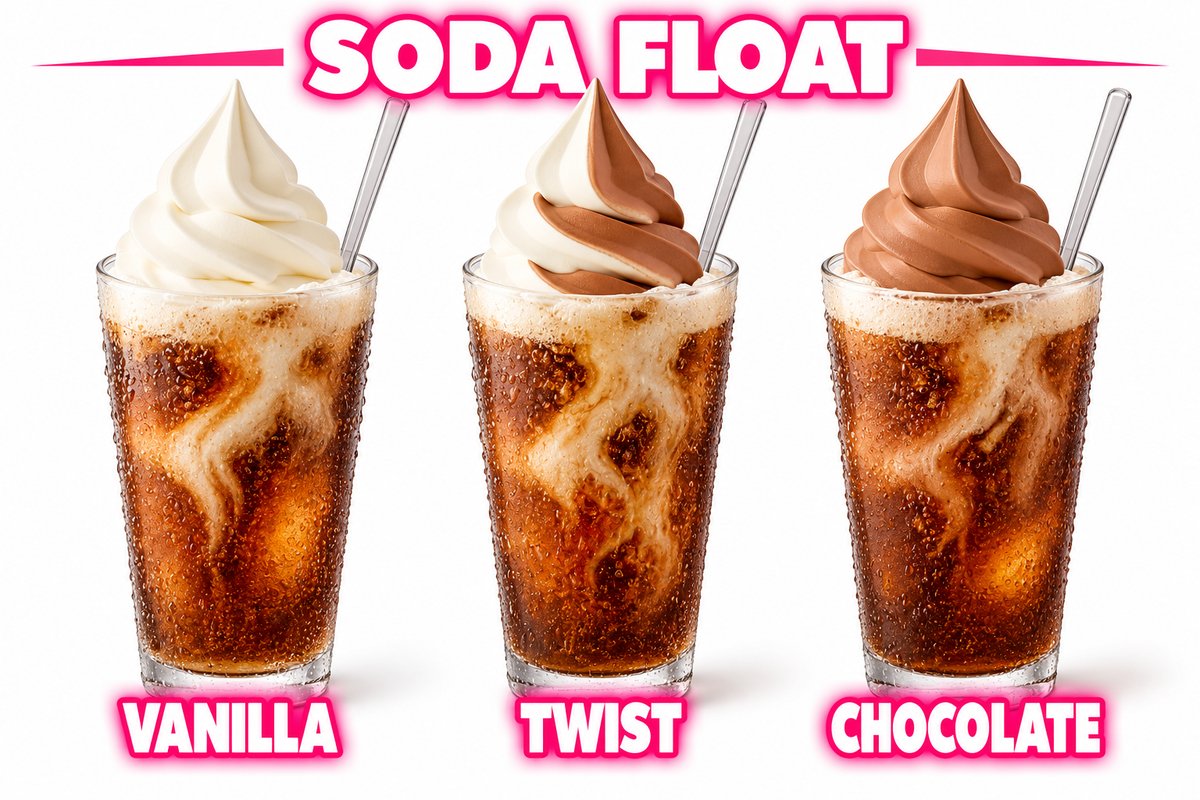 Soda floats topped with vanilla, twist or chocolate soft serve