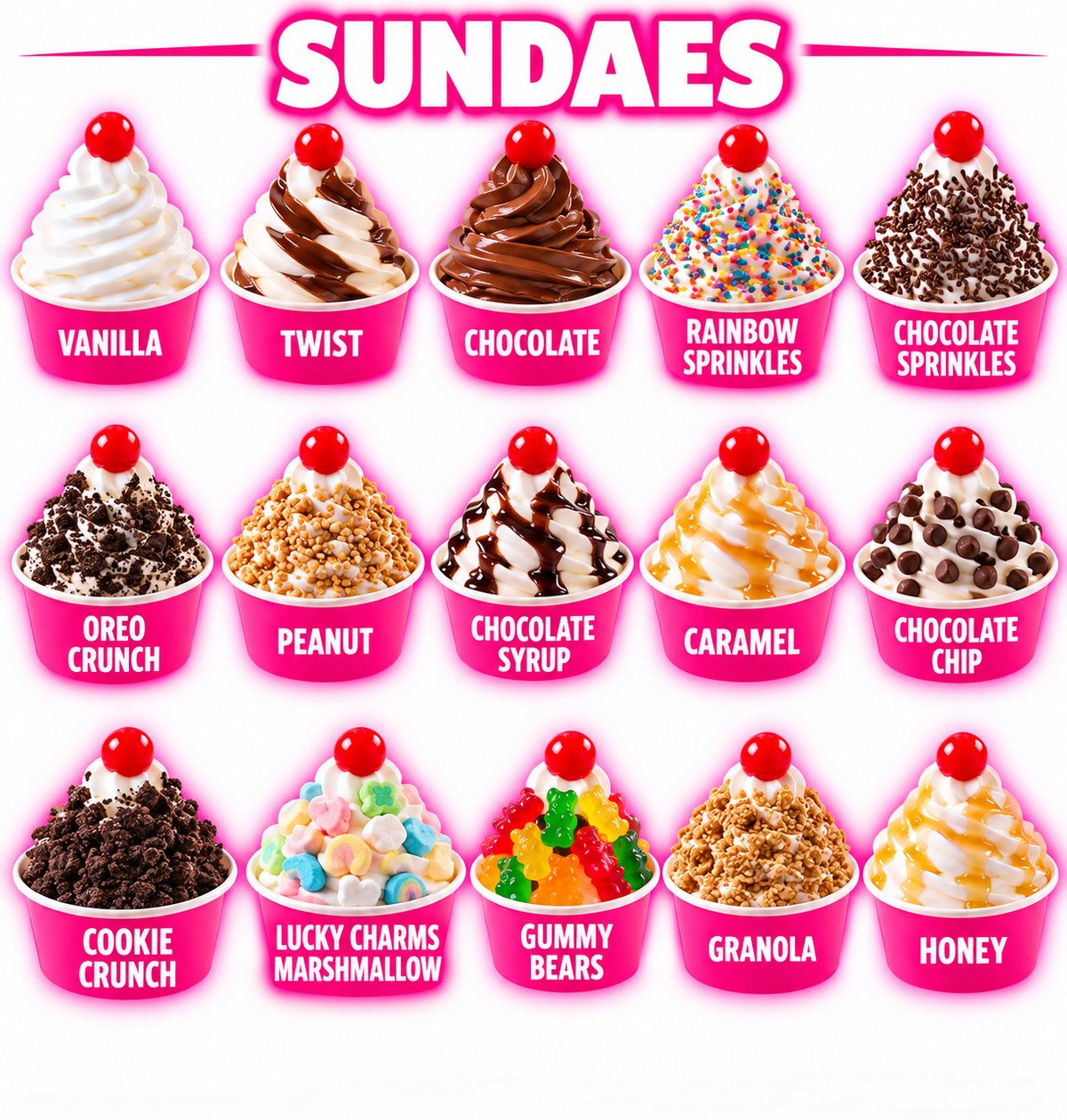 Fifteen soft serve sundaes topped with a cherry: vanilla, twist, chocolate, rainbow sprinkles, chocolate sprinkles, Oreo crunch, peanut, chocolate syrup, caramel, chocolate chip, cookie crunch, Lucky Charms marshmallow, gummy bears, granola and honey