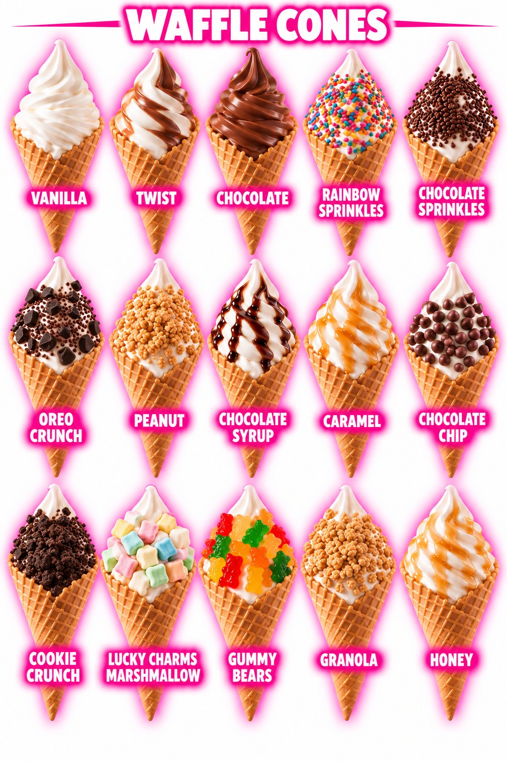 Fifteen waffle cones: vanilla, twist, chocolate, rainbow sprinkles, chocolate sprinkles, Oreo crunch, peanut, chocolate syrup, caramel, chocolate chip, cookie crunch, Lucky Charms marshmallow, gummy bears, granola and honey